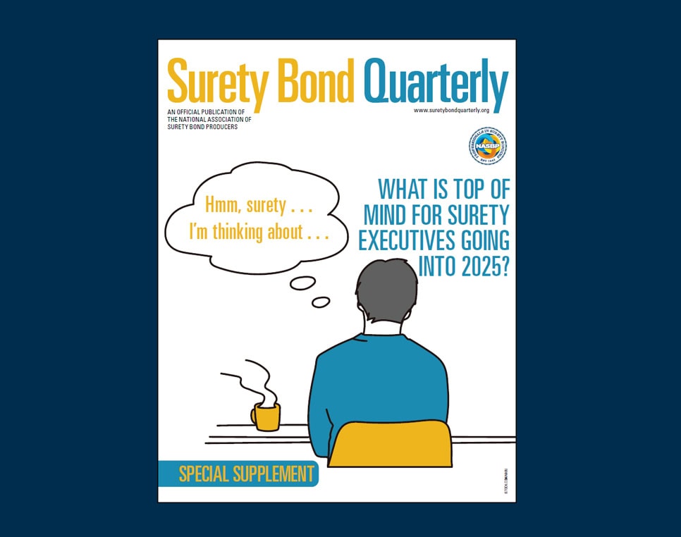 Winter 2024 Surety Bond Quarterly Supplement. Drawn person at desk thinking about surety.