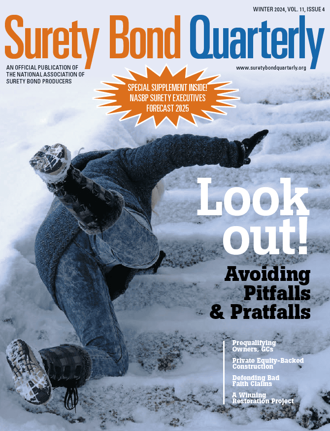 Winter 2024 Surety Bond Quarterly Cover. Person falling on icy stairs with the words "Look Out!"