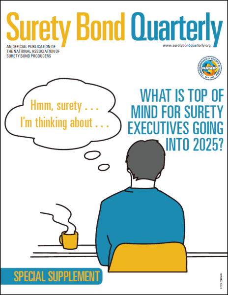 Winter 2024 Surety Bond Quarterly Supplement. Drawn person at desk thinking about surety.