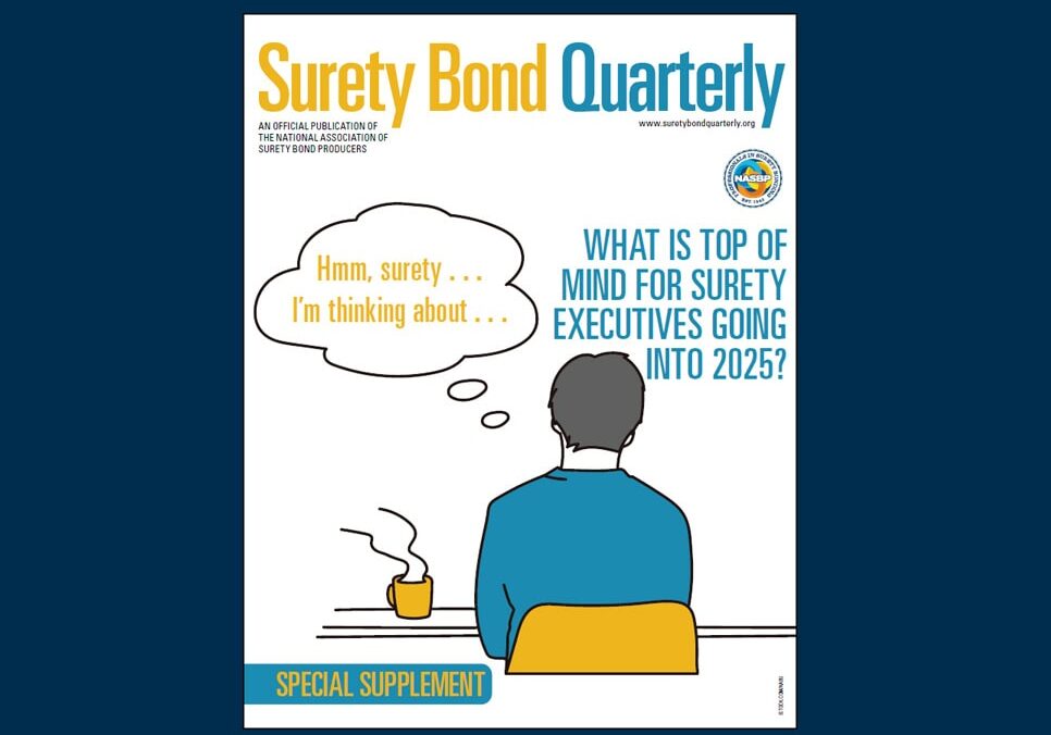 Winter 2024 Surety Bond Quarterly Supplement. Drawn person at desk thinking about surety.