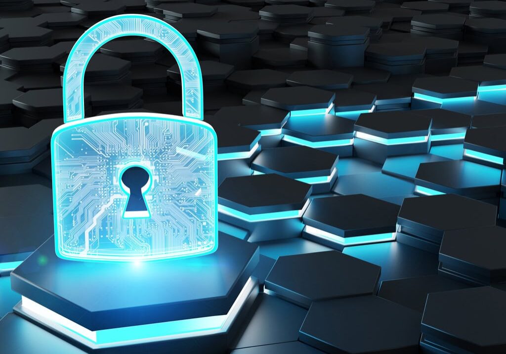 Black blue abstract padlock icon on hexagons background 3D rendering